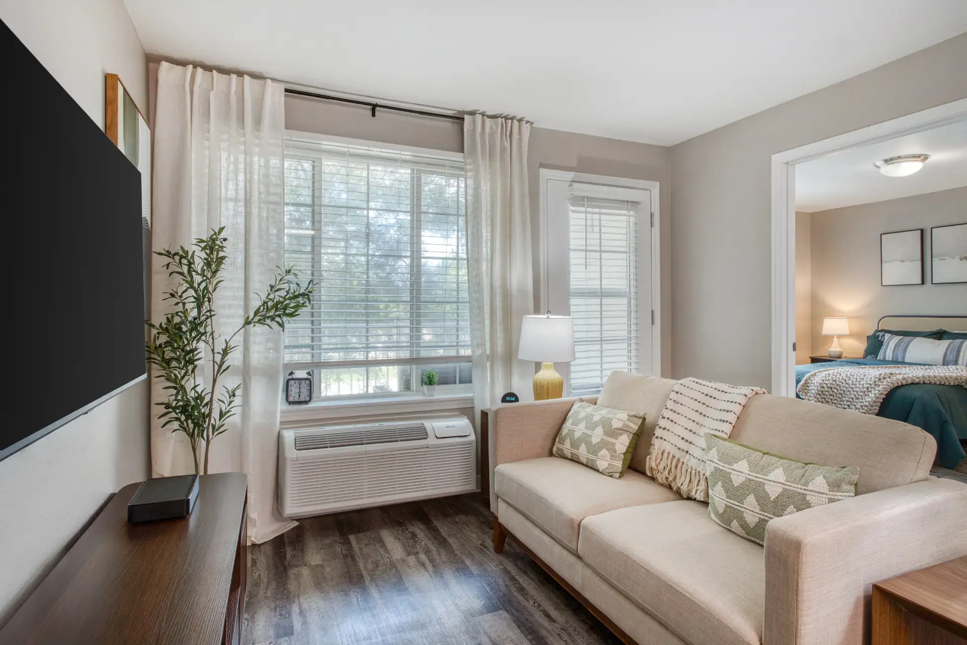 Fully furnished living room with plants and decor.